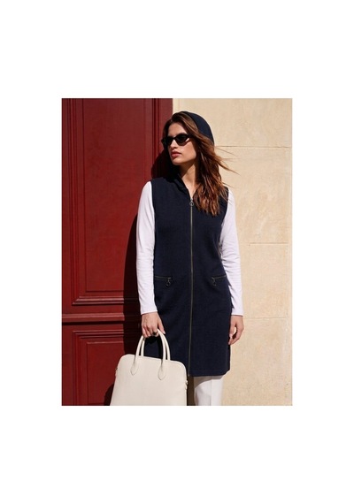 Onno Style Women Kapüşonlu Çelik Örgü Uzun Triko Kadın Yelek Lacivert