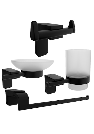 Siyah Lux 4 Lü Banyo Seti Solo Havluluk, Diş Fırçalık, Sabunluk Mat Siyah