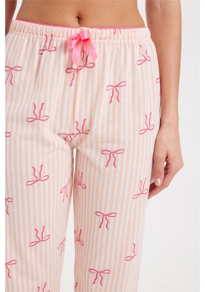Tudors Kadın Regular Fit Klasik Kesim Viskon Beli Lastikli Fiyonk Detaylı Baskılı Turuncu Pijama Altı-51009