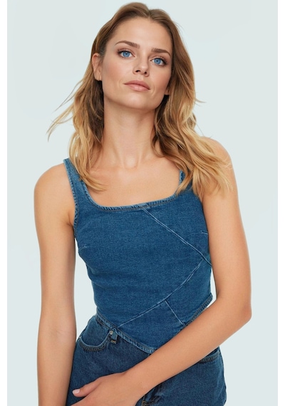 Ersefa Pamuklu Denim Bluz Crop Kesim Kare Yaka Yazlık Kaliteli İşçilik Z Mavi