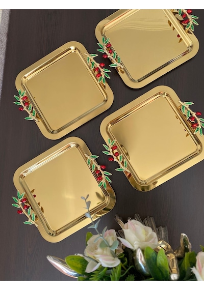 Atabey Home Collection 6'lı Kahve & Çay & Sunum Tepsisi Gold Tepsi Zeytin Dali & Kiraz Modele Uyumlu