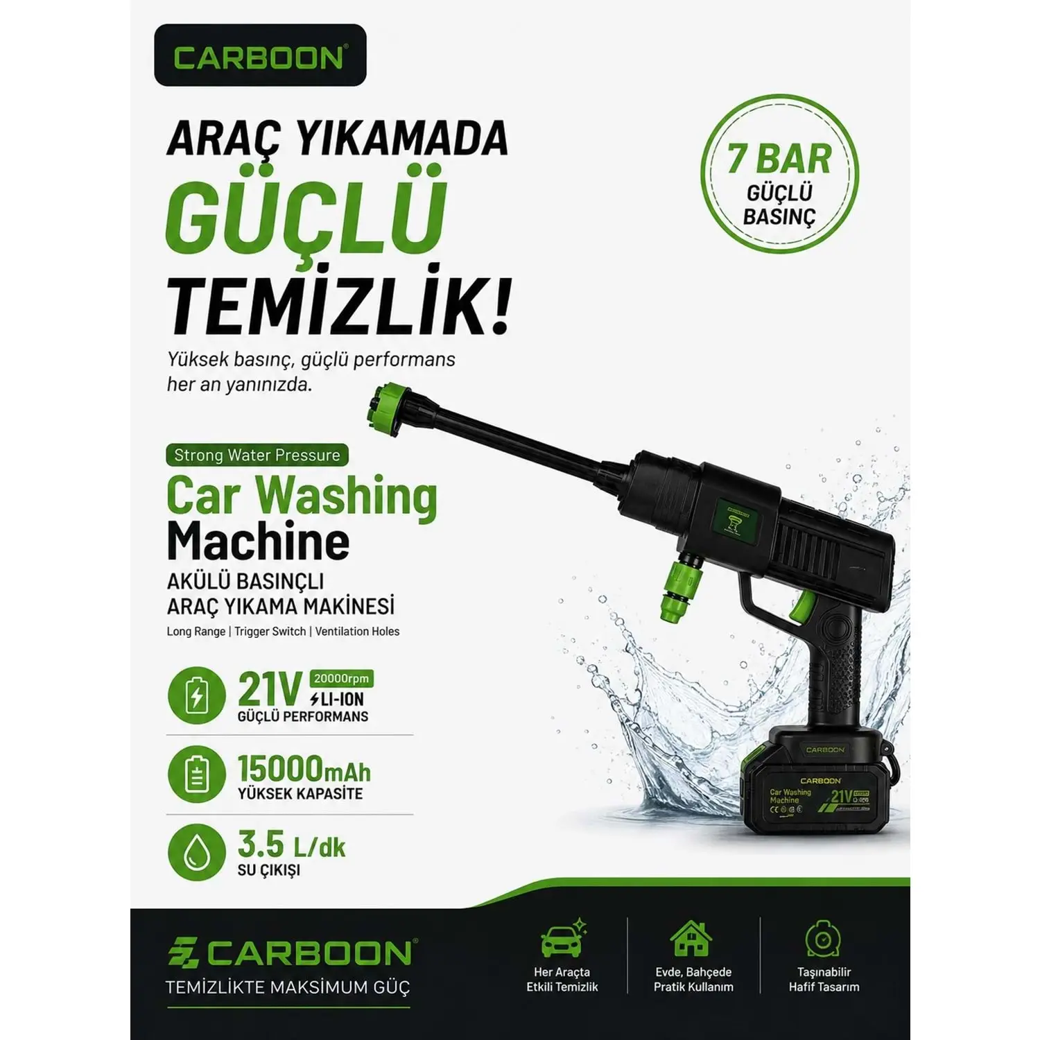 Carboon Car-8088 21v 20.000rpm 15.000 Mah Batarya Basınçlı Araç Yıkama Makinesi Sencan Sound 20000 Pa