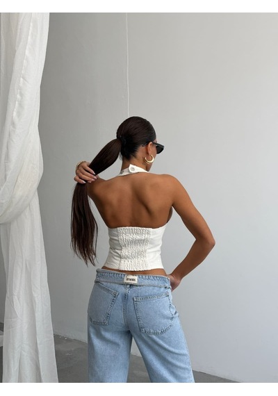 Herton Kadın Boyundan Bağlamalı Düğmeli Korseli Denim Büstiyer Top Çok Renkli