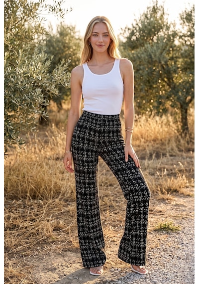 Soulshae Beyaz Ekose Yüksek Bel Pantolon Siyah