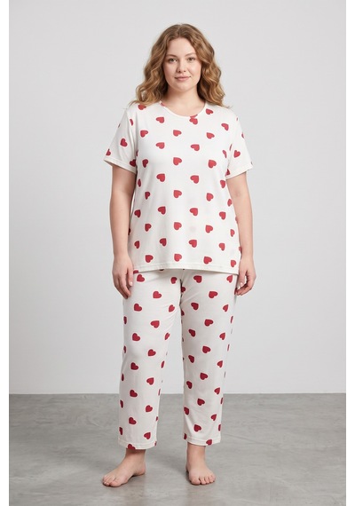 Fullamoda Kalp Desenli Büyük Beden Pijama Takımı Kırmızı