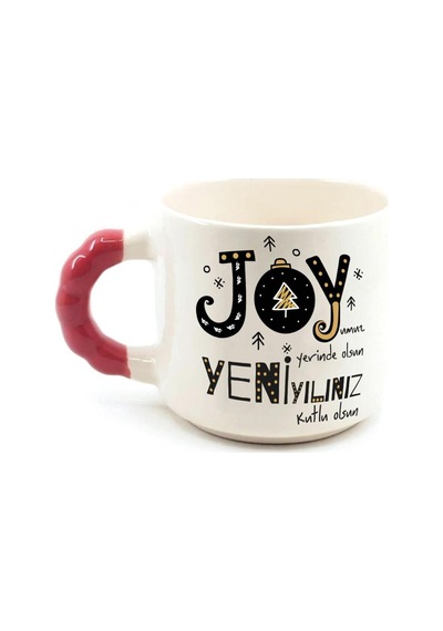 Joyumuz Yerinde Olsun Baskılı Kırmızı Kulplu Boncuk Yılbaşı Kupası