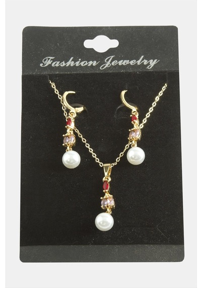 Çiçek - 875 - İnci Zirkon Taşlı - Glblseme - Set Kolye-renkli Çok renkli