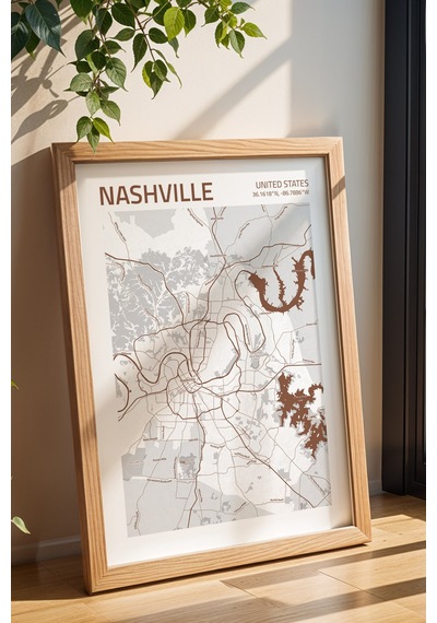 Nashville Abd Haritası Çerçeveli Tablo Lüks Salon Ofis Duvar Dekorasyonu Hediyelik Tablo Kayın