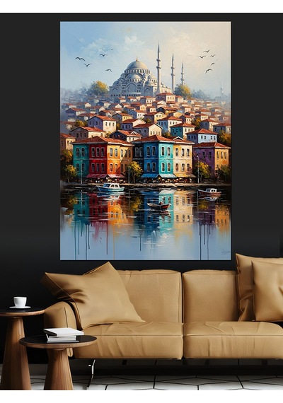 Ahşap Tablo Deniz Kenarında Renkli Şehir Evleri