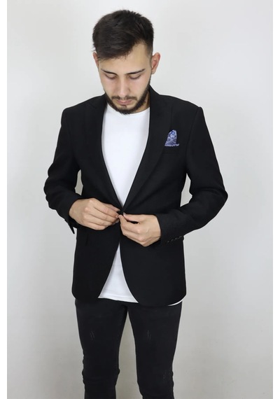 Duayen Dmctekstil Erkek Siyah Düz İtalyan Kesim Dar Kalıp Tek Düğme Blazer Ceket