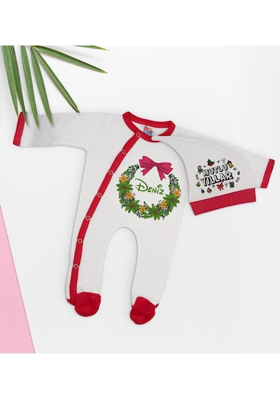 Bk Kids Bk Gift Kişiye Özel Yılbaşı Temalı Tulum Zıbın Ve Kukuletalı Şapka Seti-9 Çok Renkli