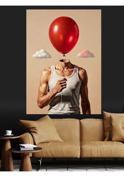 Ahşap Tablo Kırmızı Balon Kafalı Genç Adam İllüstrasyonu