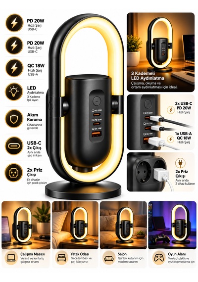 Akım Korumalı 2'li Priz 2 Type-c 1 Usb Led Gece Lambalı Priz Çoklayıcı Güç Ünitesi 0 - 2 M