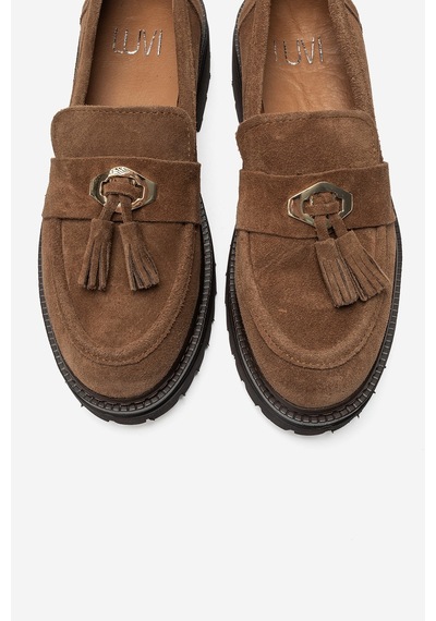 Luvi Shoes Marsy Toprak Süet Hakiki Deri Püsküllü Kadın Loafer Ayakkabı