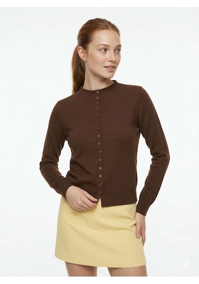 Kadın Acı Kahve Slim Fit Dar Kesim Düğmeli Bisiklet Yaka Triko Hırka Kahverengi