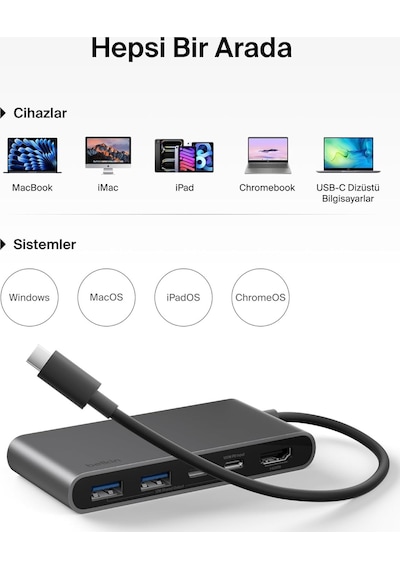 Belkin Usb-c Hub, 5 Portlu, 60 Hz De 4k Hdmi Ekran Desteği, 100w