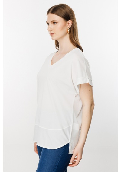 On Kadın Büyük Beden V Yaka Parçalı T-shirt 71476 Ekru