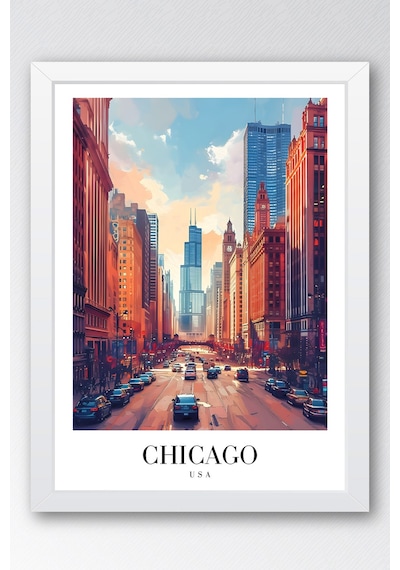 Chicago Usa City Architecture Vintage Poster Çerçeveli Tablo - Premium Şehir Elit Duvar Dekoru Beyaz