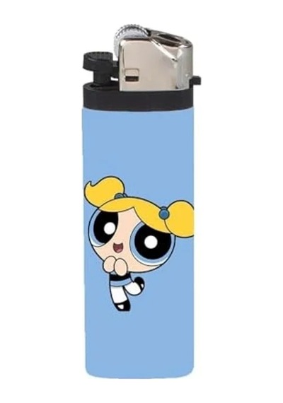 Mavi Renkli Full Kaplamalı Gazlı Çakmak, Powerpuff Girls Temalı Açık Gri - Füme