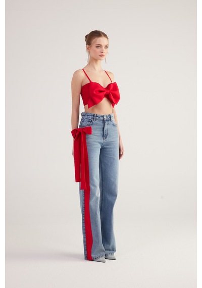 Holly Lolly Yüksek Bel Kurdele Detaylı Wide Leg Kyla Jean Pantolon Mavi