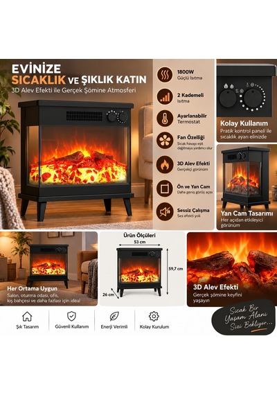 3 D Elektrikli Şömine 1800 Watt 2 Kademeli Isıtıcı Fanlı Isıtıcı