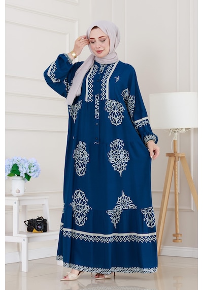 Sevitli Yarım Düğmeli Robalı Beyza Elbise-indigo-5143 İndigo