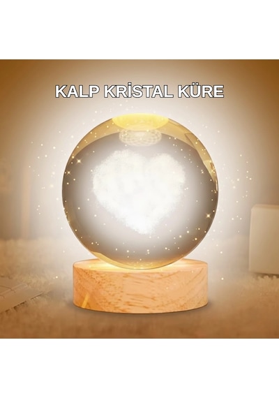 Mey İthalat Kalpli Led Işıklı Cam Küre Büyük Boy Kristal Tasarım -