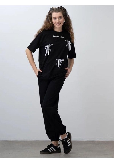 Zekids Kız Çocuk Fiyonk Detaylı Oversize T-shirt-15531 Siyah