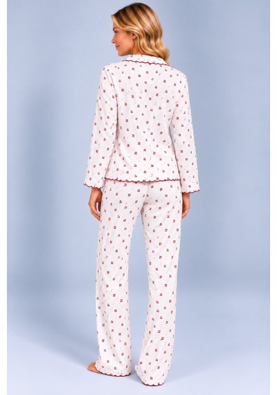 Pijamask Kadın Desenli Fiyonk Detaylı Düğmeli Uzun Kollu Müslin Pijama Takımı Bordo
