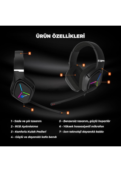 Lecoo HT406 3.5mm Jack + USB Kablolu RGB Kulak Üstü Gaming Kulaklık