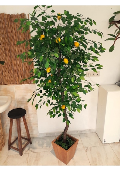 Yapay Sarı Limon Ağacı 1.80 Mt Boy Büyük Meyveli Gerçek Görünümlü Limon Ağacı Ahşap Saksıda Sarı&yeşil