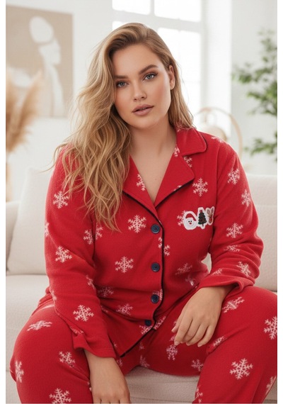 Siyah İnci Yılbaşı Temalı Nakışlı Kar Tanesi Desenli Büyük Beden Polar Kışlık Örme Pijama Takım Kırmızı