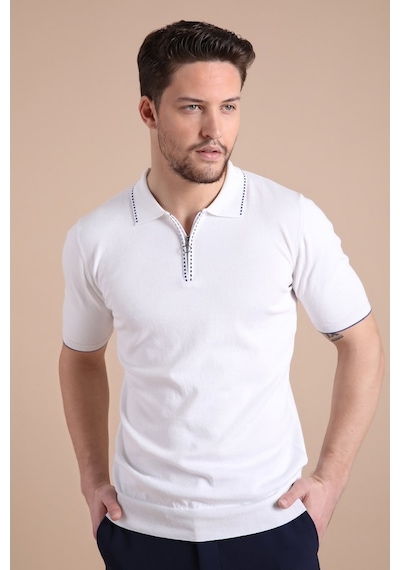 Ferraro Beyaz Polo Yaka Fermuarlı Erkek Pamuk Triko T-Shirt-Beyaz (417942828) Beyaz