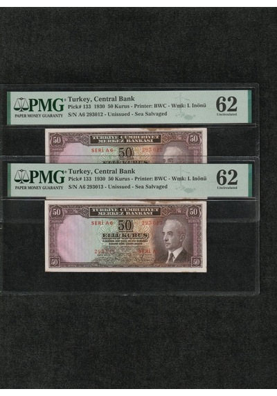 Pmg 62 Unc Çil İnönü Batan Gemi 50 Kuruş P 133 1930 S/n A6 293012/13 2. Ems Seri Takipli
