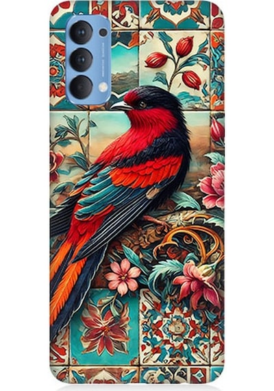 Oppo Reno 4 Uyumlu Çini Desenli Kuş Kompozisyonu Desenli Silikon Kılıf Çok Renkli