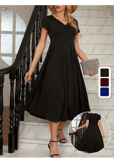Etiler Collection Kadın Kısa Kollu V Yakalı Önden Pileli Midi Janjan Krep Elbise Siyah Etiler Collection Kadın Kısa Kollu V Yakalı Önden Pileli Midi Janjan Krep Elbise Siyah