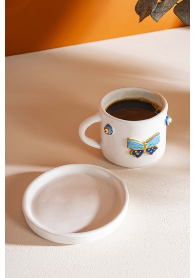 Rivaistanbul Kelebek Amore El Yapımı Seramik Double Kahve Fincanı Mug Kupa Krem