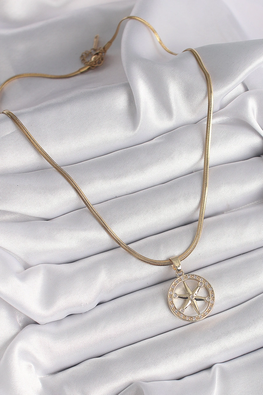 316l Çelik Gold Renk İtalyan Zincir Zirkon Taşlı Kutup Yıldız Model Kadın Kolye Renkli