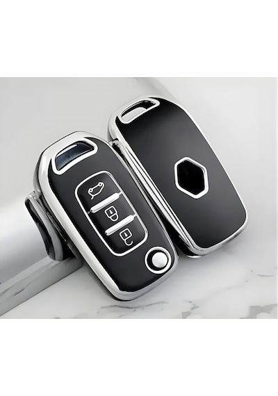 Autohan Keys Megane 4 Joy, Clio 5, Captur, Taliant Express İçin 3 Butonlu Nano Anahtar Kılıfı, Siyah-gümüş