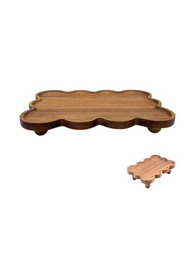 Mien Akasya Ahşap Dikdörtgen Sunumluk - Dalgalı Kenar Dekoratif Tabak 32x23x5 Cm Kahverengi
