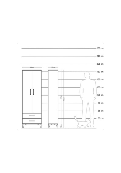 Arges Dolap Tek Raflı 2 Çekmeceli Tek Askılı 88x30x182 Çam-an... Çam