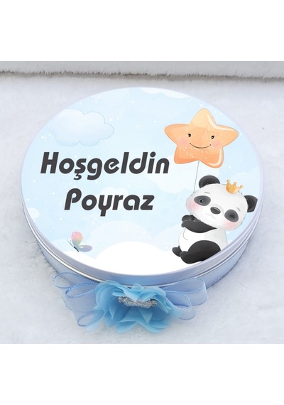 Panda Baskılı Metal Kutuda Bebek Çikolatası Uv Baskılı Madlen Çik