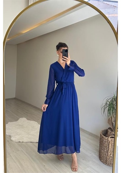 Neşeli Butik Kadın Uzun Kollu Kuşaklı Maxi Şifon Elbise Nm001 Saks