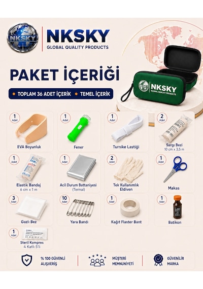 Nksky 36 Parça İlk Yardım Çantası, Yeşil Eva Çantalı İlk Yardım Seti, Bileğe Takılabilir Taşıma İpli Ecza Çantası