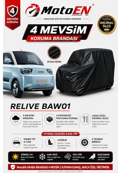 Relive Baw01 Elektrikli Micro Araba Brandası Siyah Oto Branda Su Geçirmez Dört Mevsim Uv İki Katmanlı Dış Ortam Örtü