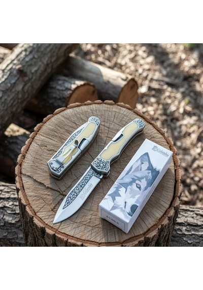 Knivox Columbia Company A3154-c Kemik Gravürlü Kamp Çakısı Krem