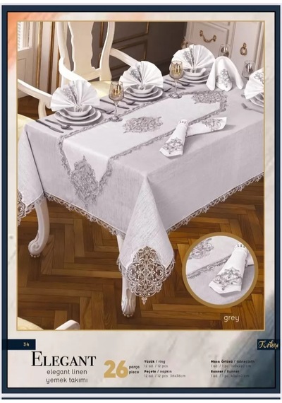 Cekihome Elegant Linen Krem-gümüş 26 Parça 12 Kişilik Supla Runner Premium Sofra Masa Takımı