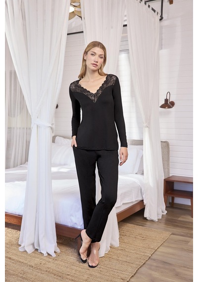 Monamise Kadın Uzun Kollu Dantelli Ve Dekolteli Pijama Takımı 18617 Siyah