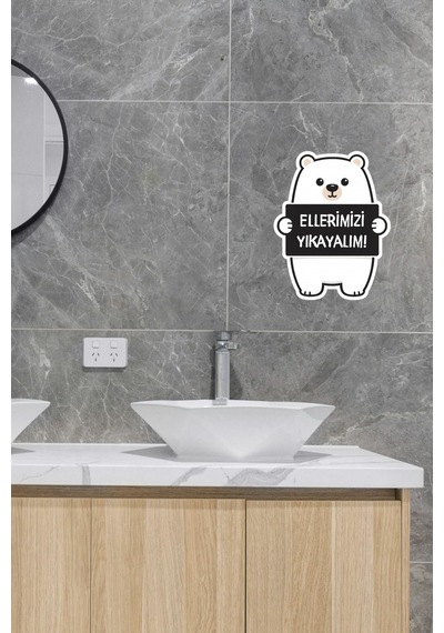 Sevimli Siyah Ayıcık Sticker Ellerimizi Yıkayalım Etiketi Standart