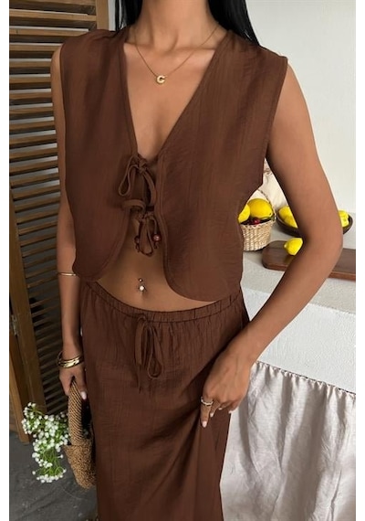 Moderie Butik Yelek Önden Bağlamalı Uzun Etekli Takım 10192 Kahverengi